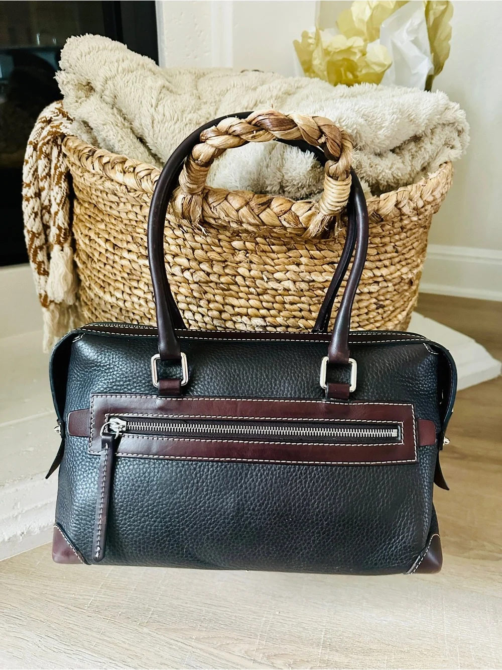 Dooney & Bourke Double Pocket Satchel | Black & Brown Leather